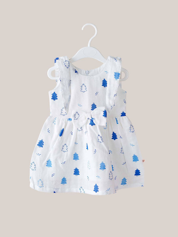 FIRSTIN Muslin White Base Blue Fir Tree Self Knotted Frock With Bow