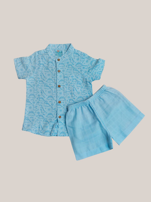 FIRSTIN Muslin Co-Ord Set Half Sleeve - Blue Tiny Dinos