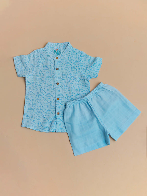 FIRSITN Muslin Co-Ord Set Half Sleeve - Blue Tiny Dinos