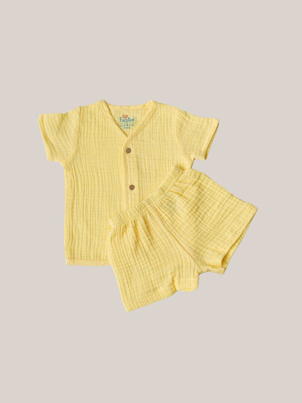 FIRSTIN Muslin Bubble Crinkle Jabla-Shorts Set Half Sleeve - Crayola