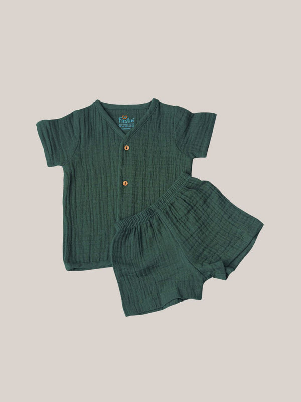 FIRSTIN Muslin Bubble Crinkle Jabla-Shorts Set Half Sleeve - Opal