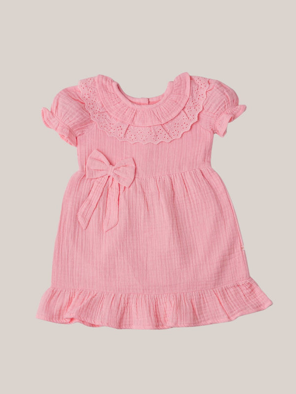 FIRSTIN Muslin Bubble Crinkle Frock (Frill Bow) - Flamingo Pink