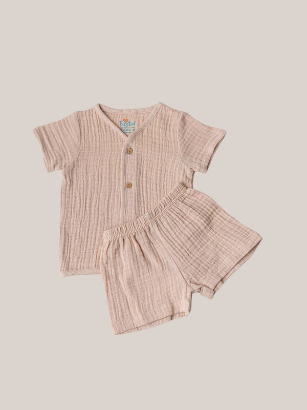 FIRSTIN Muslin Bubble Crinkle Jabla-Shorts Set Half Sleeve - Breezy Beige