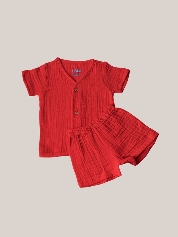 FIRSTIN Muslin Bubble Crinkle Jabla-Shorts Set Half Sleeve - Carmine