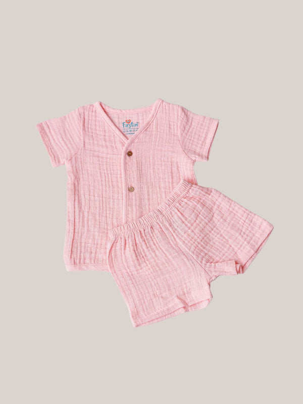 FIRSTIN Muslin Bubble Crinkle Jabla-Shorts Set Half Sleeve - Flamingo Pink