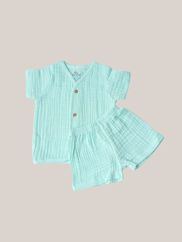 FIRSTIN Muslin Bubble Crinkle Jabla-Shorts Set Half Sleeve - Solid Marine