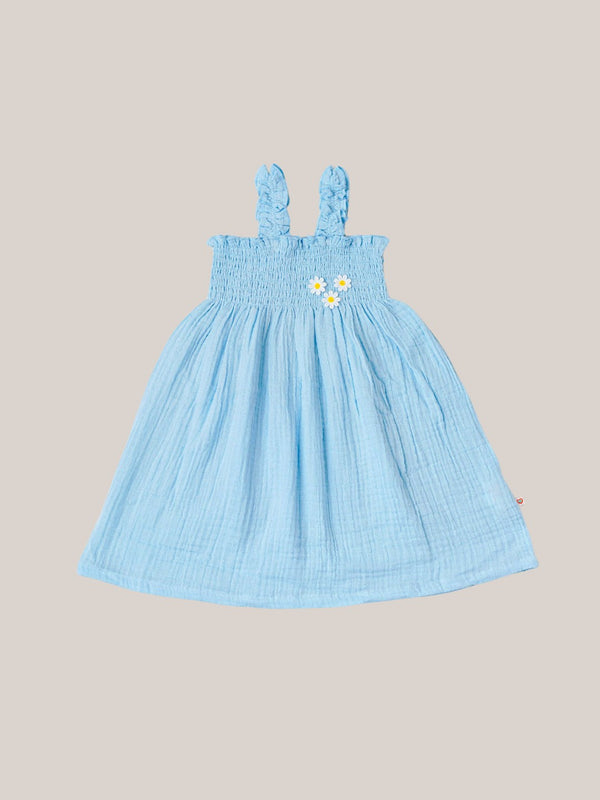 FIRSTIN Muslin Bubble Crinkle Smocking Frock - Aqua