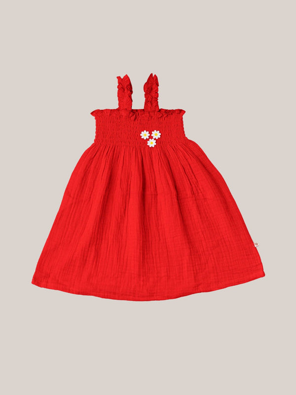 FIRSTIN Muslin Bubble Crinkle Smocking Frock - Carmine
