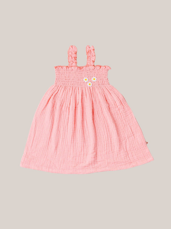 FIRSTIN Muslin Bubble Crinkle Smocking Frock - Flamingo Pink
