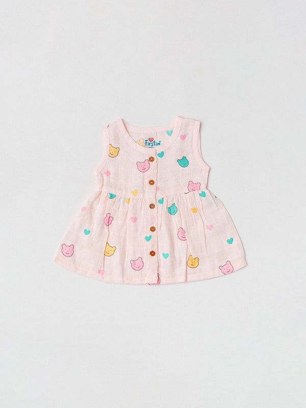 FIRSTIN Muslin Front Open Sleeveless Frock - Salsa Rose Buddy