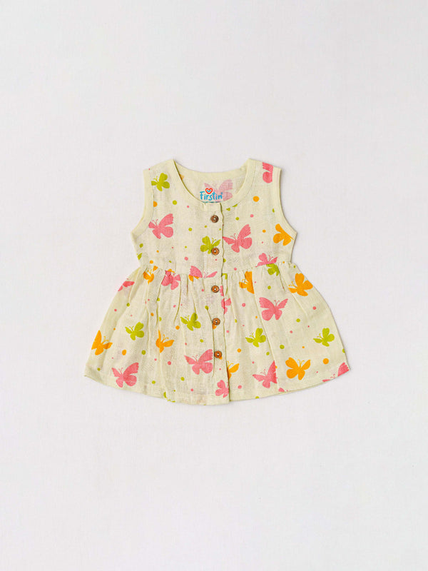 FIRSTIN Muslin Front Open Sleeveless Frock - Aloe Wash Butterfly