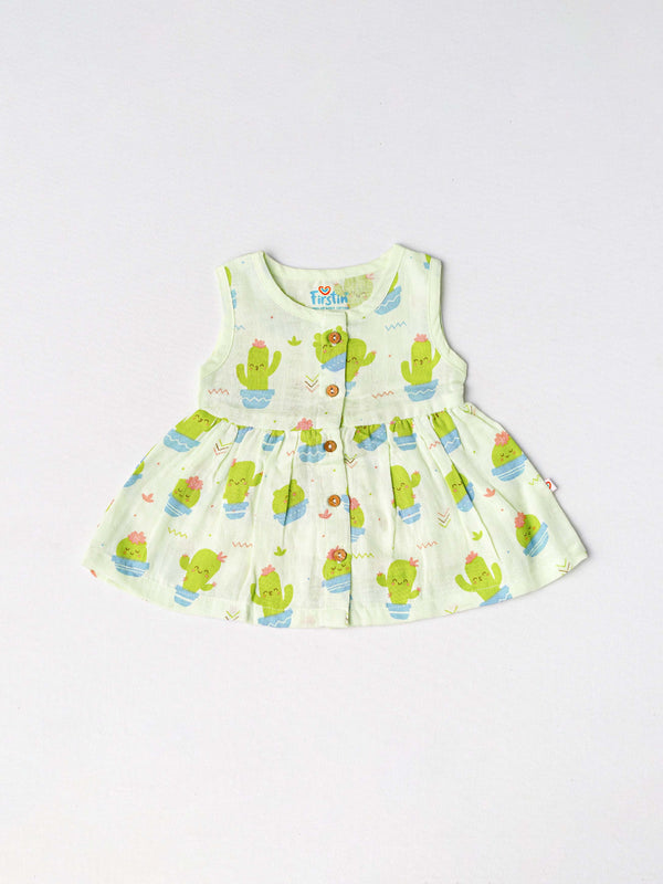 FIRSTIN Muslin Front Open Sleeveless Frock - Fluo Green Cactus