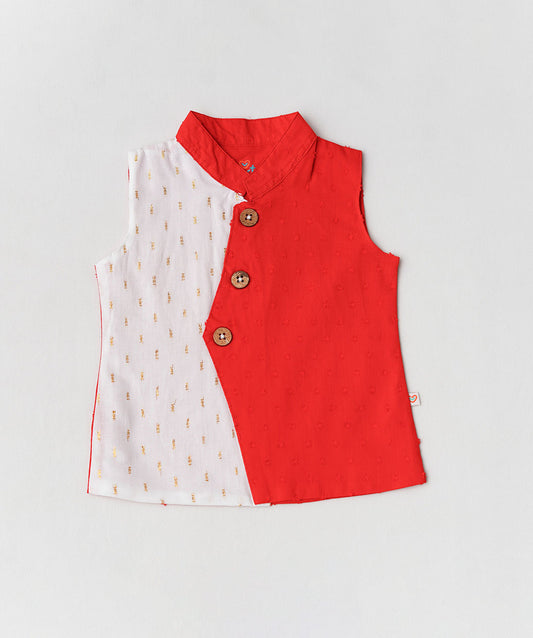 Lurex Dobby Waist Coat-Dhoti Pant - Carmine