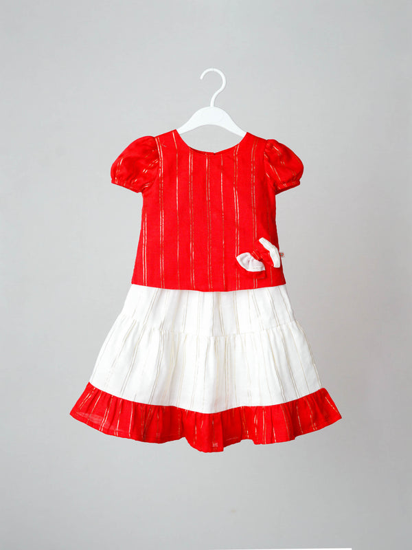 FIRSTIN Ridhi Top With Skirt (Puff Sleeve) - Carmine