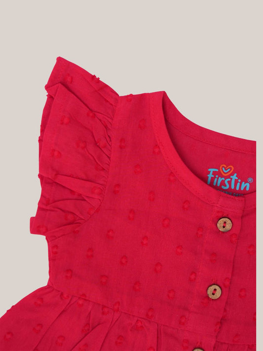 Swiss Dobby Half Sleeve Casual Frock - Carmine