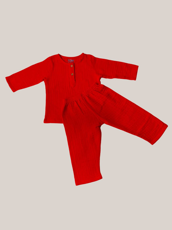 FIRSTIN Muslin Bubble Crinkle Pyjamas Set - Carmine