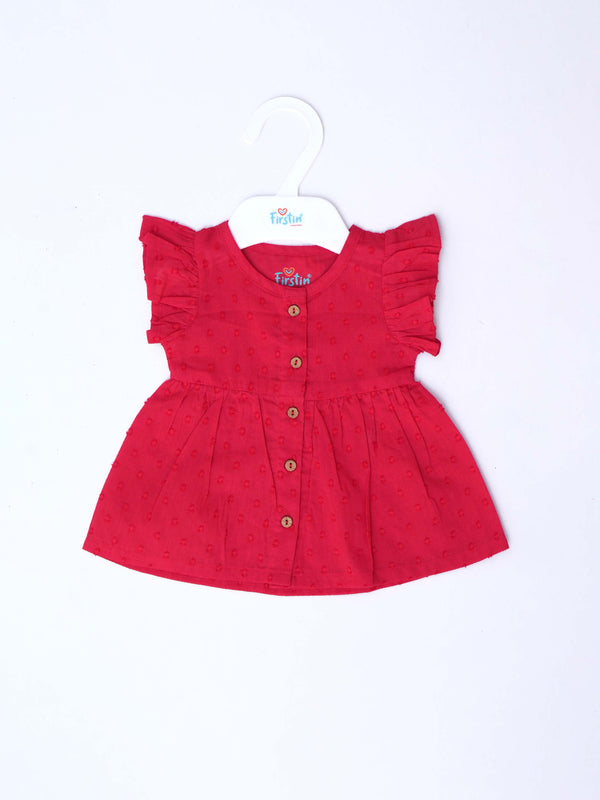 FIRSTIN Swiss Dobby Half Sleeve Casual Frock - Carmine