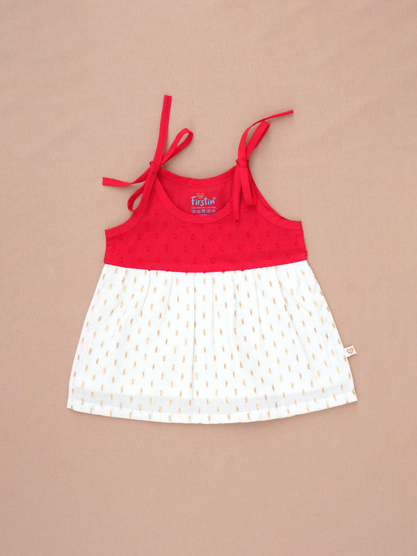 FIRSTIN Lurex Dobby Knotted Frock - Carmine