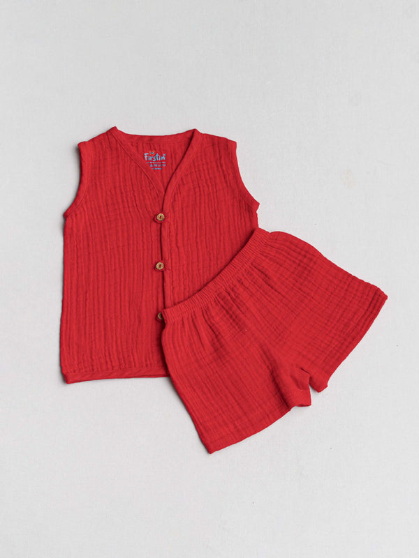 FIRSTIN Muslin Bubble Crinkle Jabla-Shorts Set (Loops) Sleeveless - Carmine