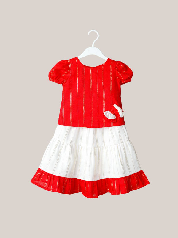 FIRSTIN Ridhi Top With Skirt (Puff Sleeve) - Carmine