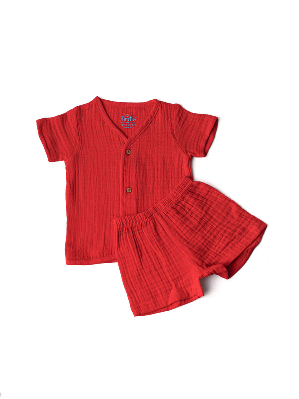 FIRSTIN Muslin Bubble Crinkle Jabla-Shorts Set (Loops) Half Sleeve - Carmine