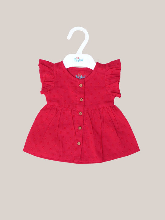 Swiss Dobby Half Sleeve Casual Frock - Carmine