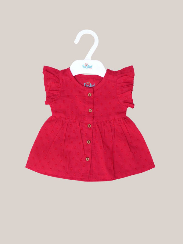 FIRSTIN Swiss Dobby Half Sleeve Casual Frock - Carmine