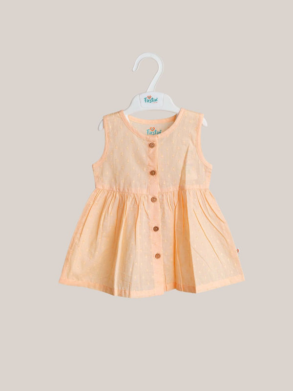 FIRSTIN Swiss Dobby Sleeveless Casual Frock - Apricot Sherbet