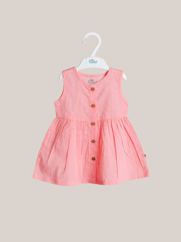 FIRSTIN Swiss Dobby Sleeveless Casual Frock - Melon Pink