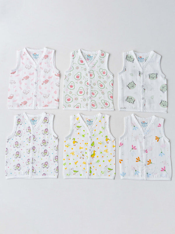 FIRSTIN Muslin Jabla Snap Button Sleeveless 6 Pcs Pack Combo