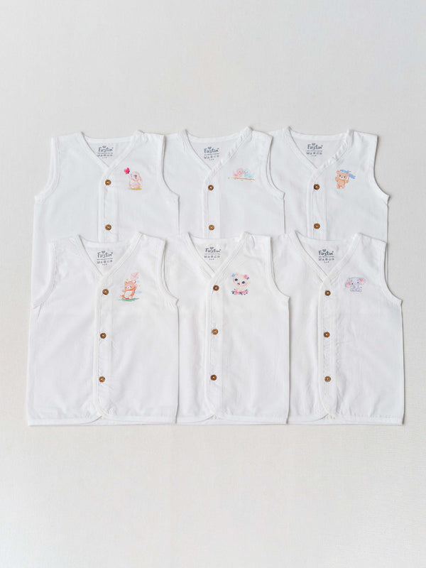 FIRSTIN Organic Cotton Jabla Sleeveless 6 Pcs Combo - White