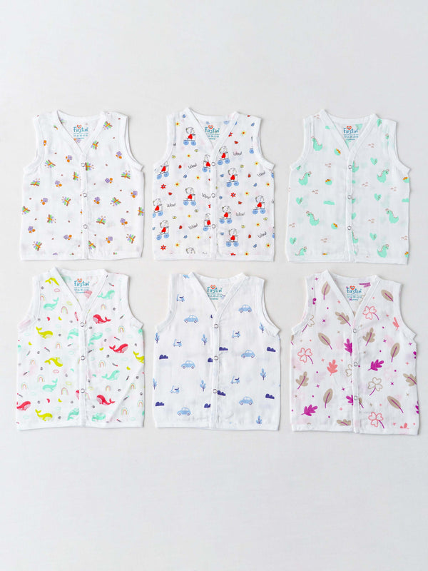 FIRSTIN Muslin Jabla Snap Button Sleeveless 6 Pcs Pack Combo