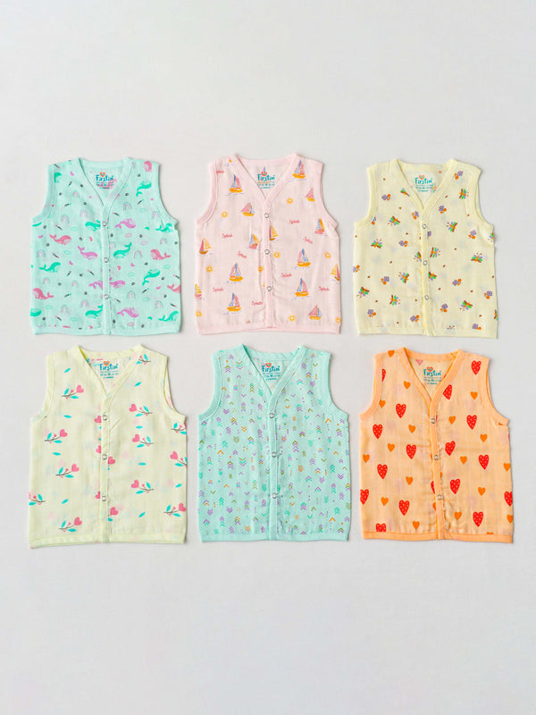 FIRSTIN Muslin COLOR Jabla Snap Button Sleeveless Assorted (Any 3 prints) 3 Pcs Pack Combo