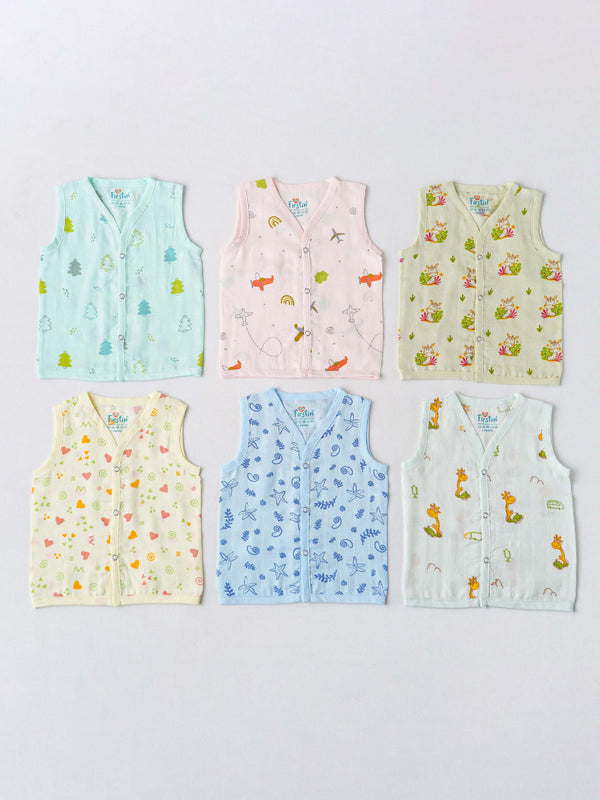 FIRSTIN Muslin COLOR Jabla Snap Button Sleeveless Assorted (Any 3 prints) 3 Pcs Pack Combo