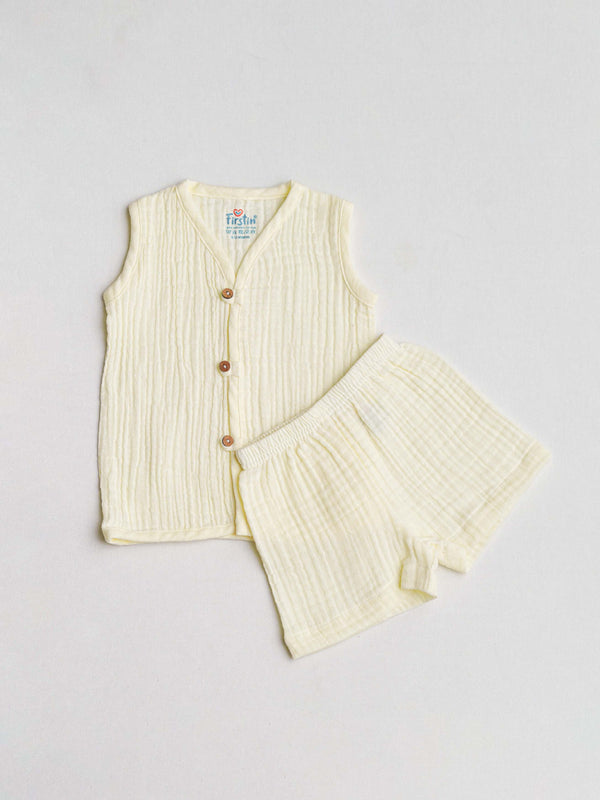 FIRSTIN Muslin Bubble Crinkle Jabla-Shorts Set (Loops) Sleeveless - Cosmic