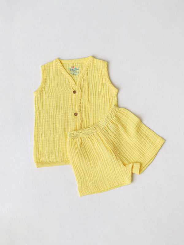 FIRSTIN Muslin Bubble Crinkle Jabla-Shorts Set (Loops) Sleeveless - Crayola