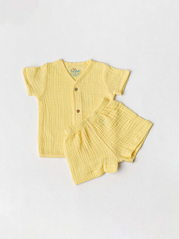 FIRSTIN Muslin Bubble Crinkle Jabla-Shorts Set (Loops) Half Sleeve - Crayola