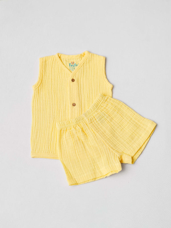 FIRSTIN Muslin Bubble Crinkle Jabla-Shorts Set Sleeveless - Crayola