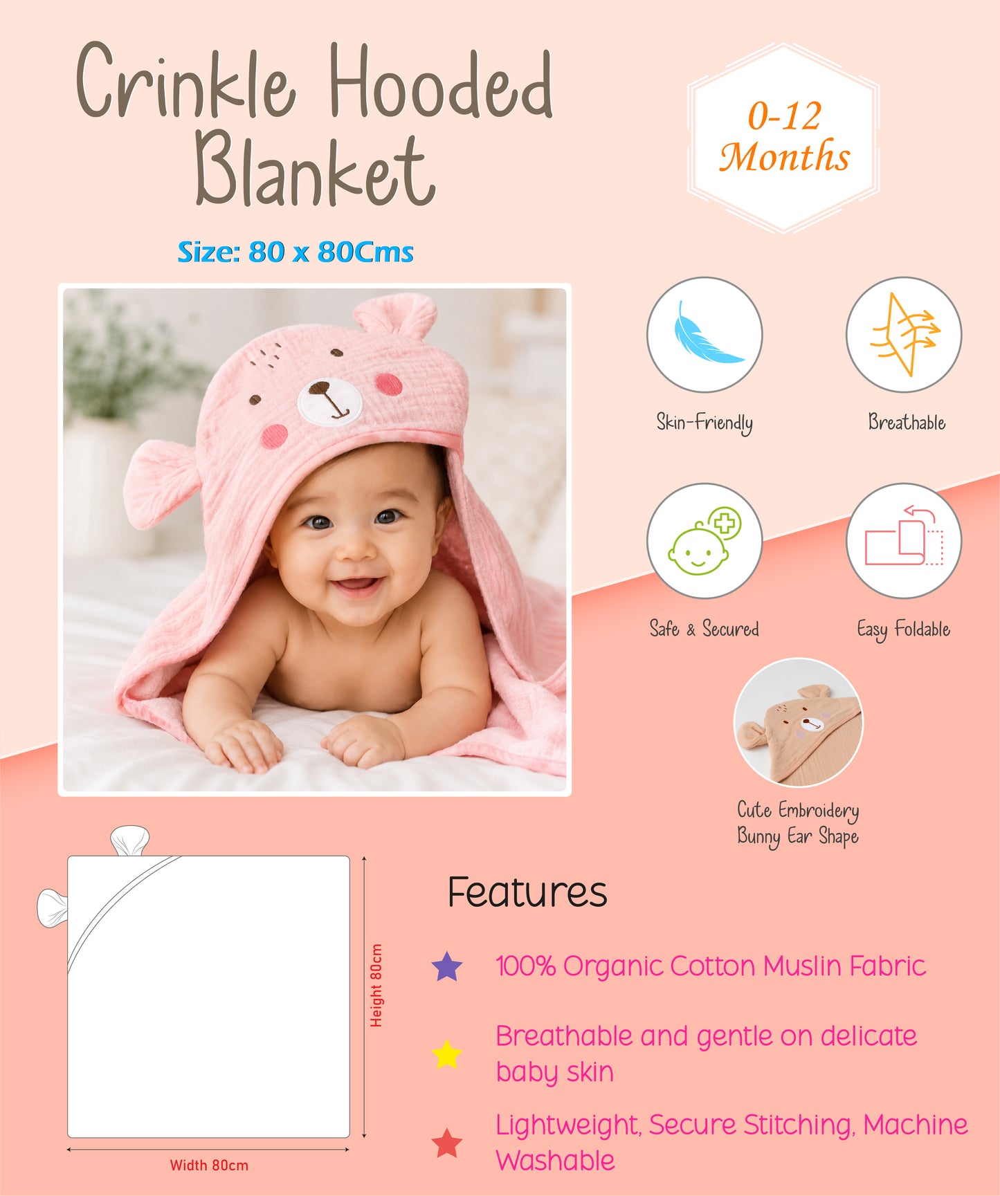 Muslin Bubble Crinkle Hooded Blanket - Aqua (Kitty)