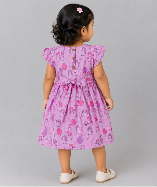 Muslin Cap Sleeve Frock - Fragrant Lilac Penguin