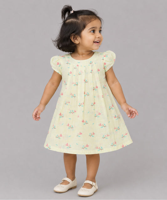 Muslin Cap Sleeve Frock - Lime Cream Anthurium