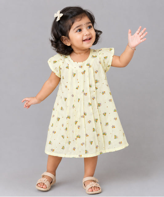 Muslin Cap Sleeve Frock - Lt. Yellow Monarch