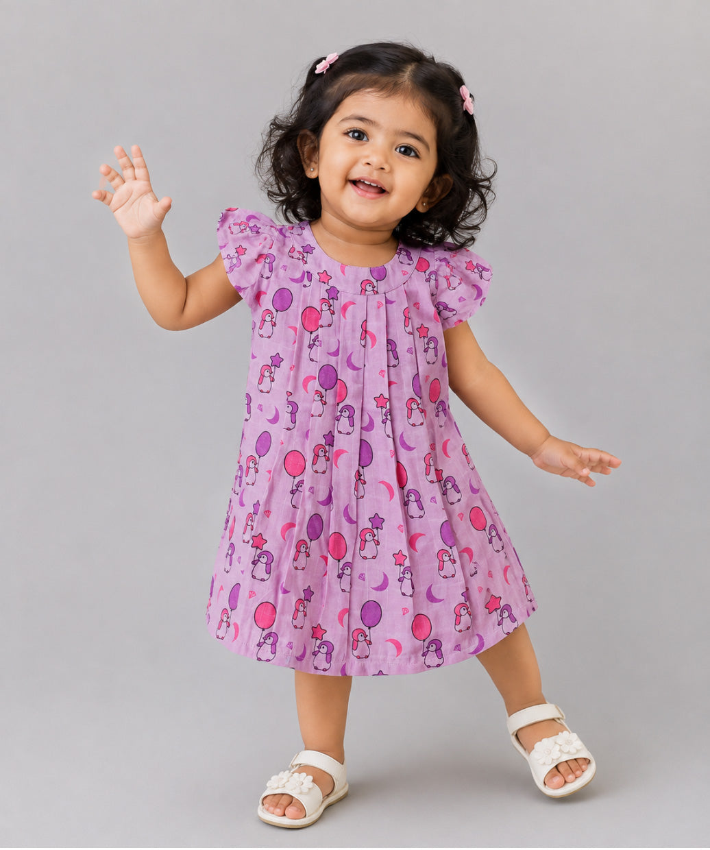 Muslin Cap Sleeve Frock - Fragrant Lilac Penguin