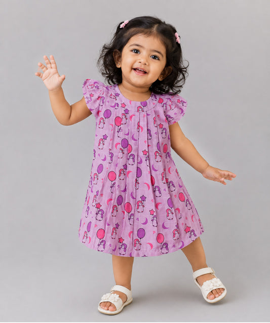 Muslin Cap Sleeve Frock - Fragrant Lilac Penguin