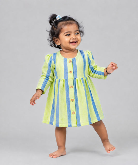 Y/D Muslin Crinkle Breezy Frock Full Sleeve - Bengal Stripe GB