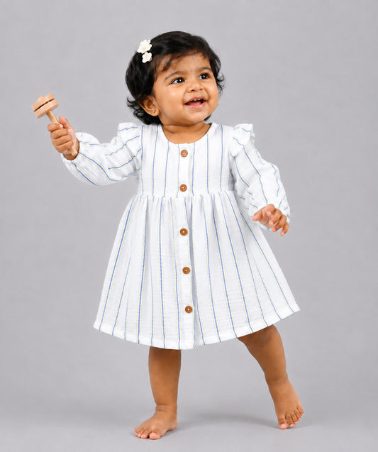 Y/D Muslin Crinkle Breezy Frock Full Sleeve - Pin Stripe