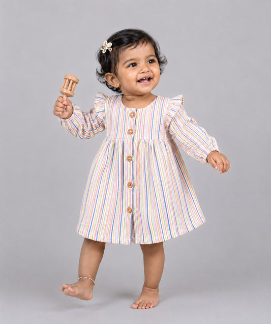 Y/D Muslin Crinkle Breezy Frock Full Sleeve - Candy Stripe
