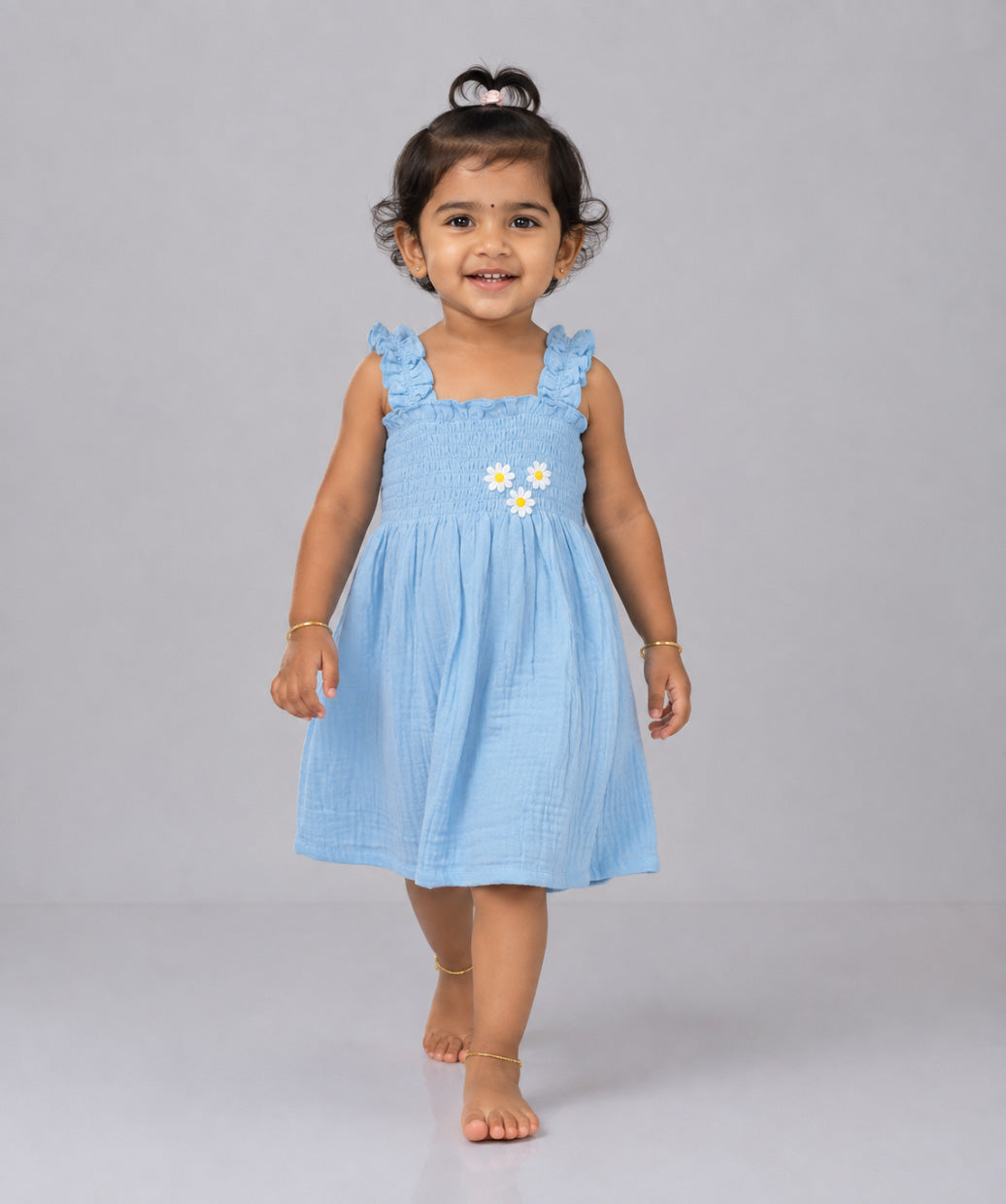 Muslin Bubble Crinkle Smocking Frock - Aqua
