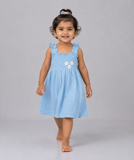 Muslin Bubble Crinkle Smocking Frock - Aqua