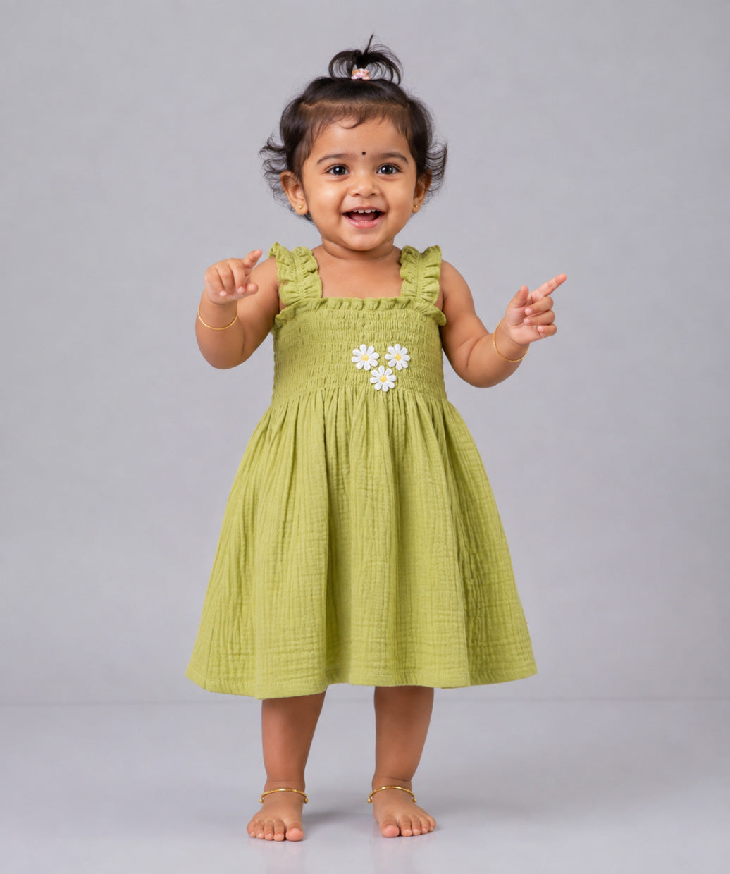 Muslin Bubble Crinkle Smocking Frock - Palm Green
